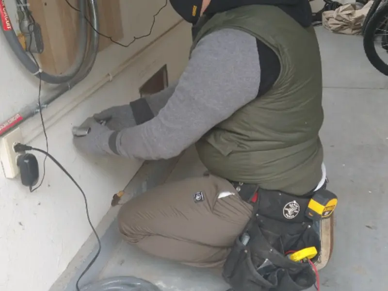 Electrician performing outlet wiring in a Boxborough garage